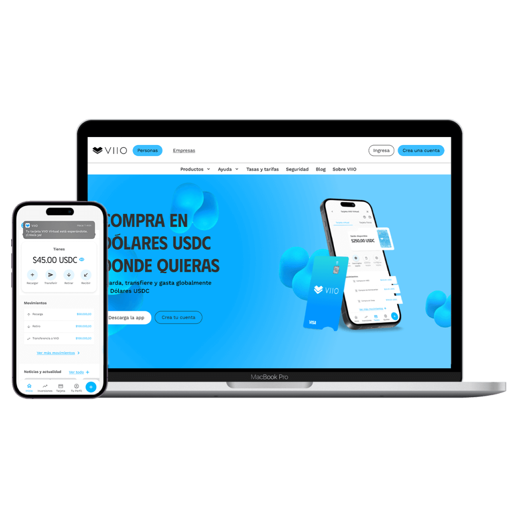 Aplicación y página web de VIIO en un teléfono y una computadora
